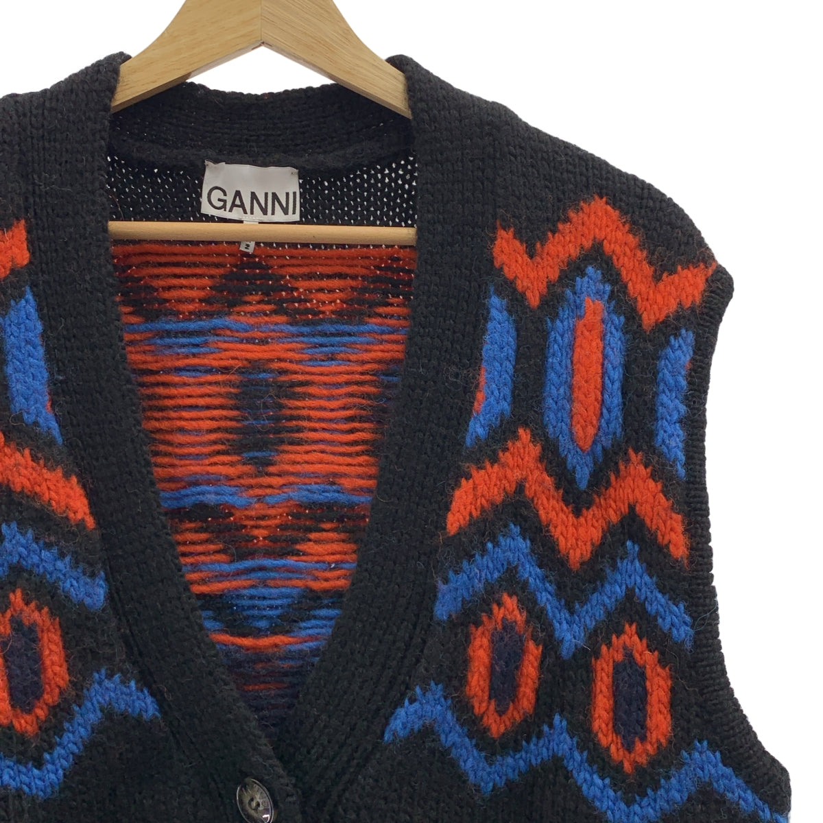 【美品】  Ganni / ガニー | Chunky Graphic wool vest ウール インターシャ ニット ベスト | ブラック/オレンジ/ブルー | レディース