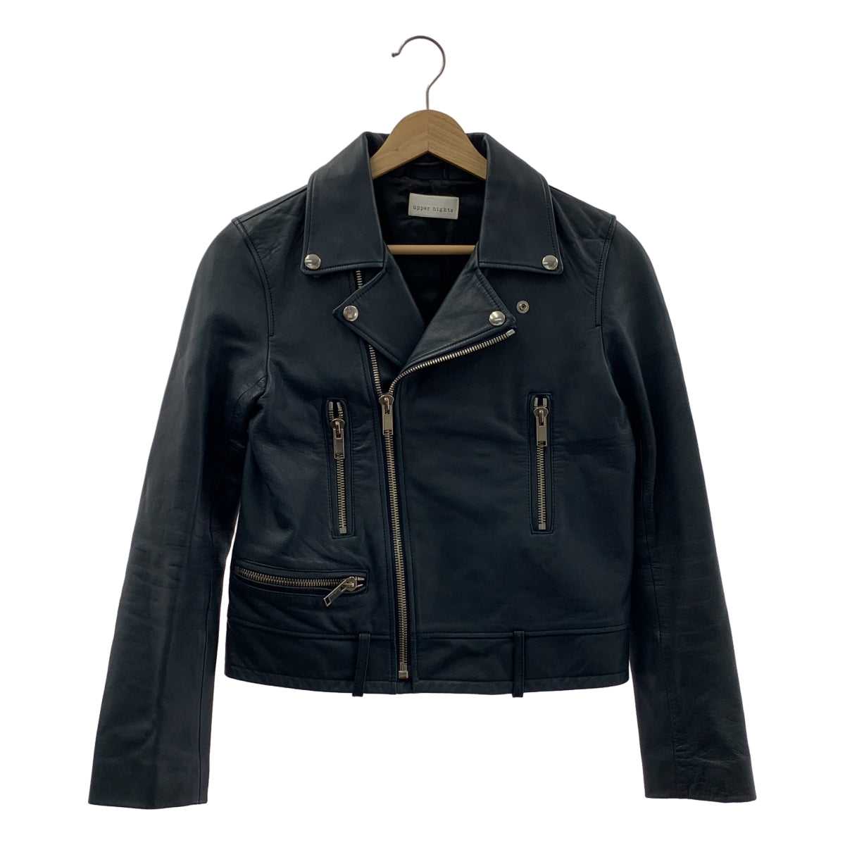 [狀況極佳] Upper Hights | 羊皮標誌拉鍊雙騎士外套 | 全襯裡 | 0 碼 | 海軍藍 | 女款