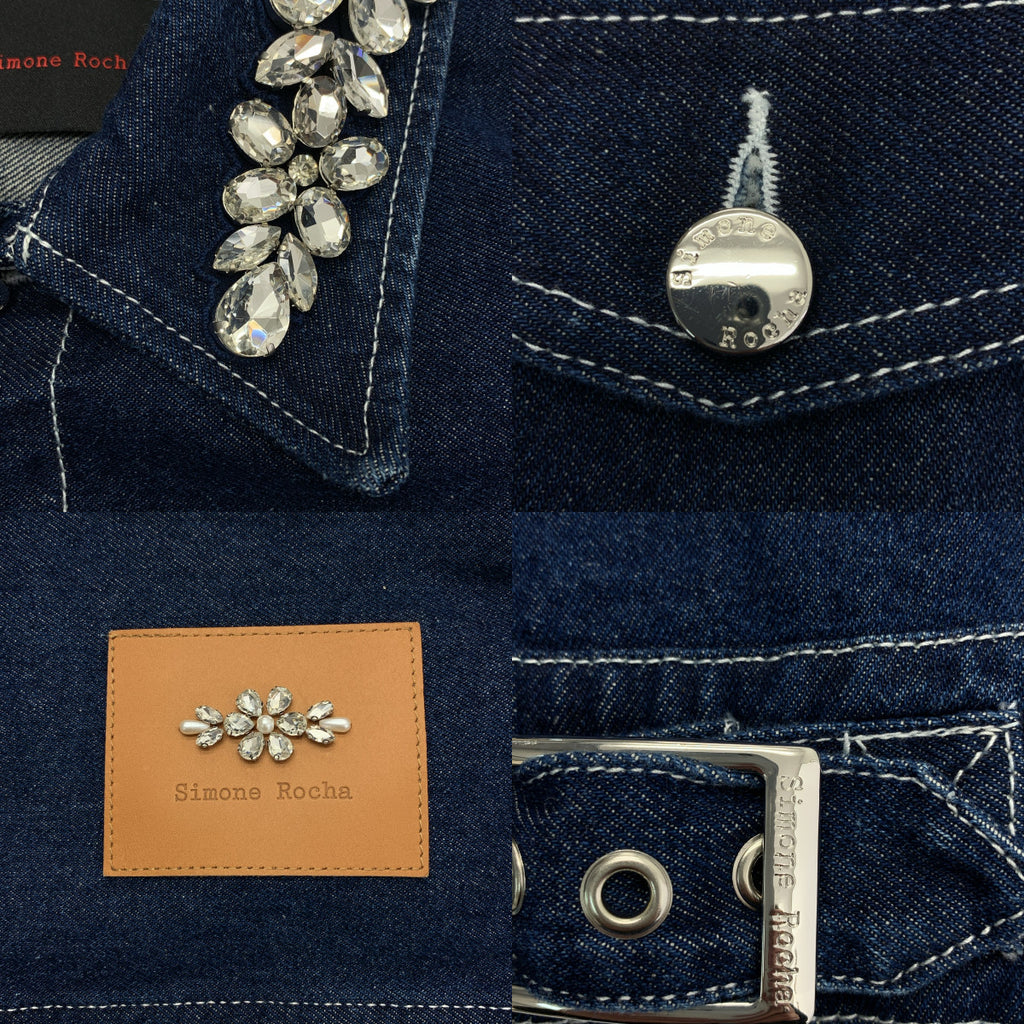Simone Rocha / シモーネロシャ | 2025SS | ビジュー 装飾 ダブルアジャスター レザーパッチ ロゴボタン オーバー デニムジャケット | S | レディース