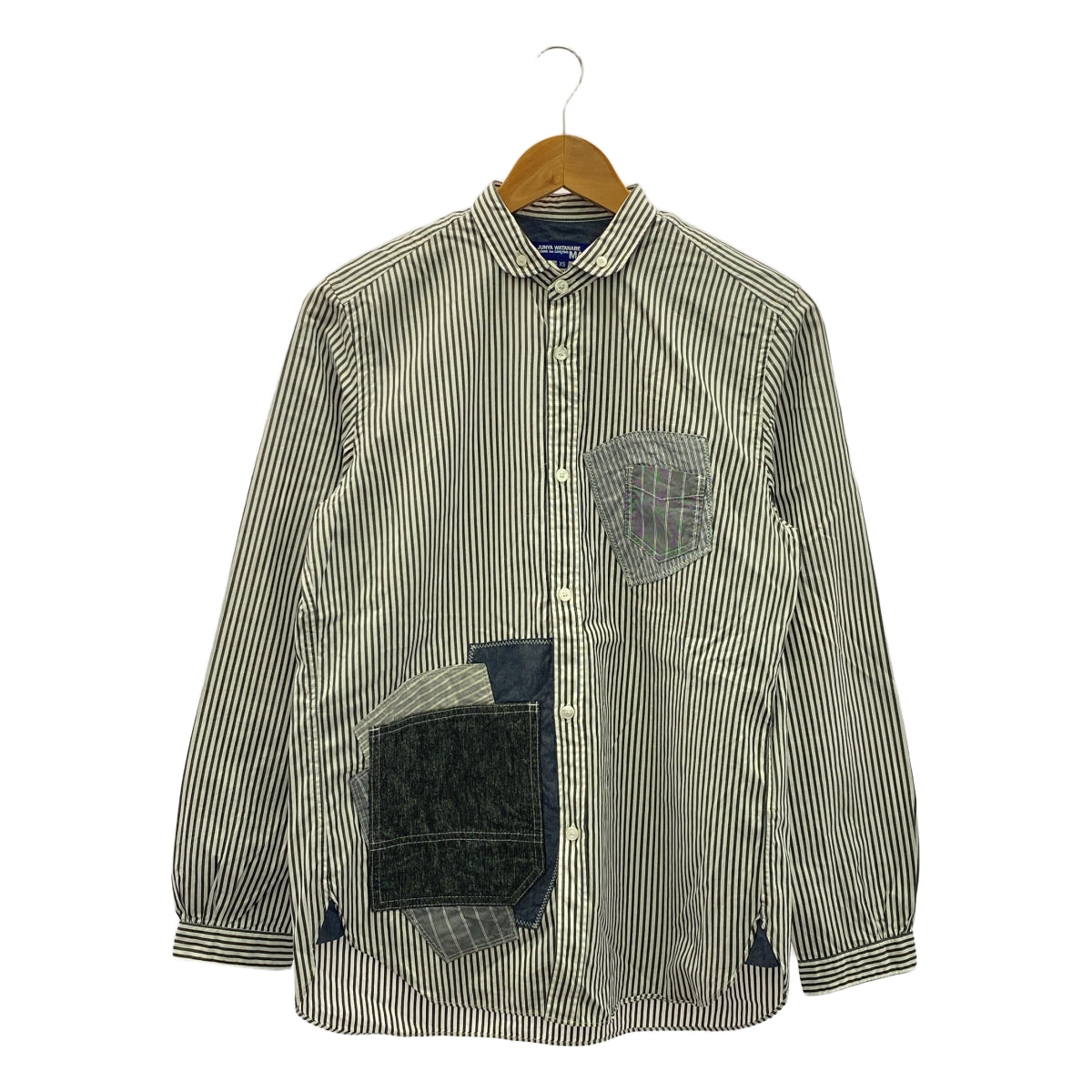 JUNYA WATANABE COMME des GARCONS MAN / 준야와타나베 콤데 걸슨맨 | 2013AW | 프론트 패치 워크 스트라이프 코튼 긴팔 셔츠 | XS | 화이트 / 그레이 / 네이비 | 남성