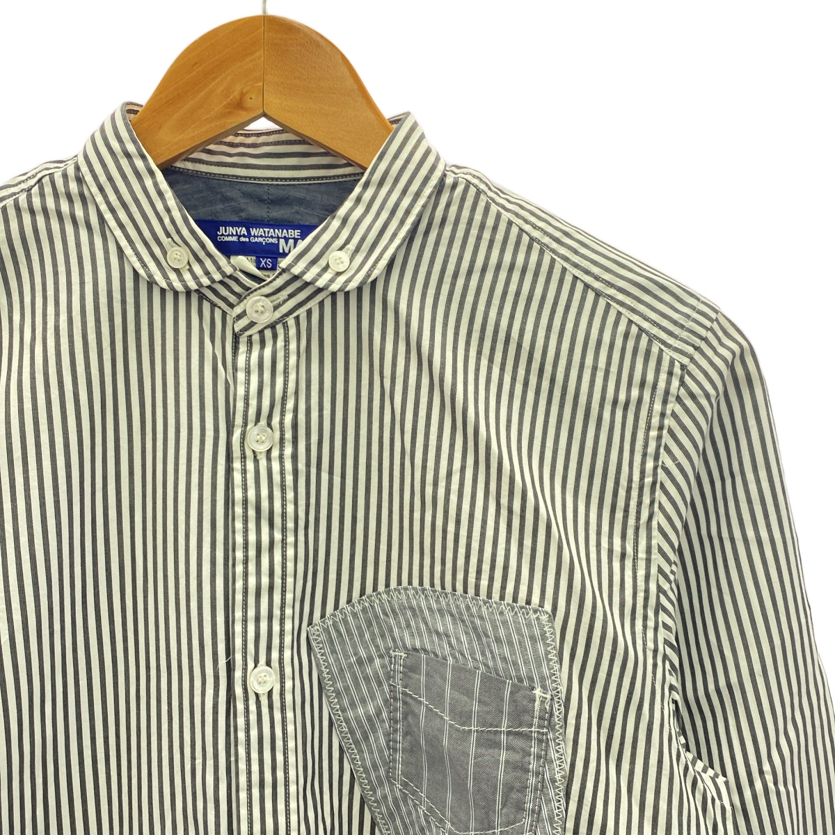 JUNYA WATANABE COMME des GARCONS MAN / 준야와타나베 콤데 걸슨맨 | 2013AW | 프론트 패치 워크 스트라이프 코튼 긴팔 셔츠 | XS | 화이트 / 그레이 / 네이비 | 남성