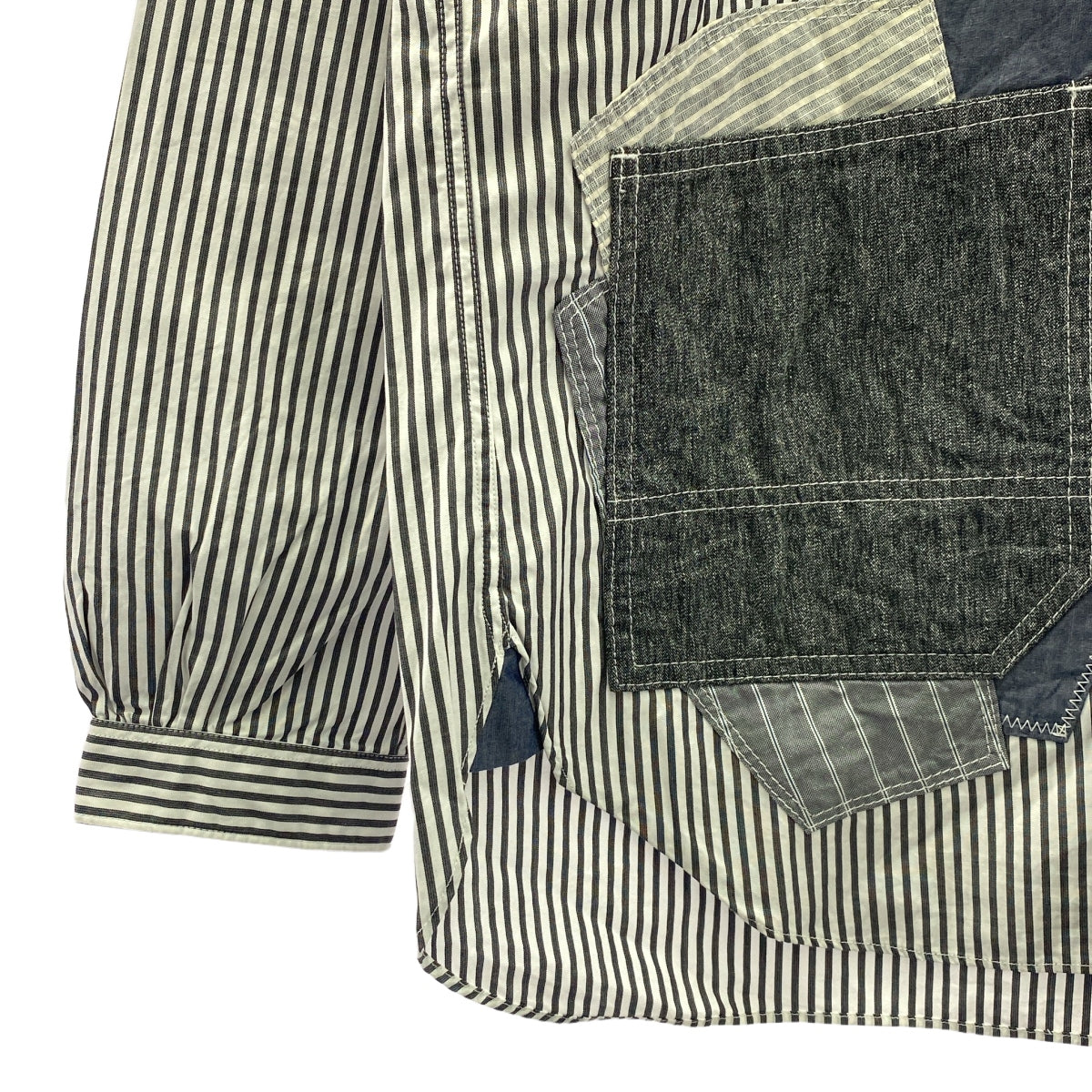 JUNYA WATANABE COMME des GARCONS MAN / 준야와타나베 콤데 걸슨맨 | 2013AW | 프론트 패치 워크 스트라이프 코튼 긴팔 셔츠 | XS | 화이트 / 그레이 / 네이비 | 남성