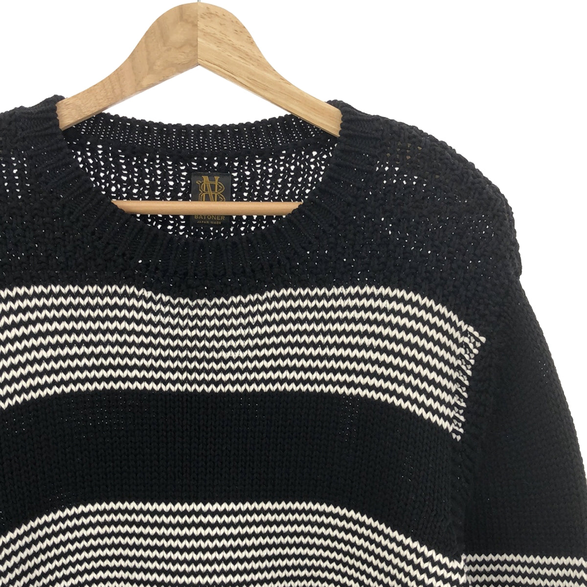 BATONER | Cotton Border Crew Neck Knit | 2 | Men's