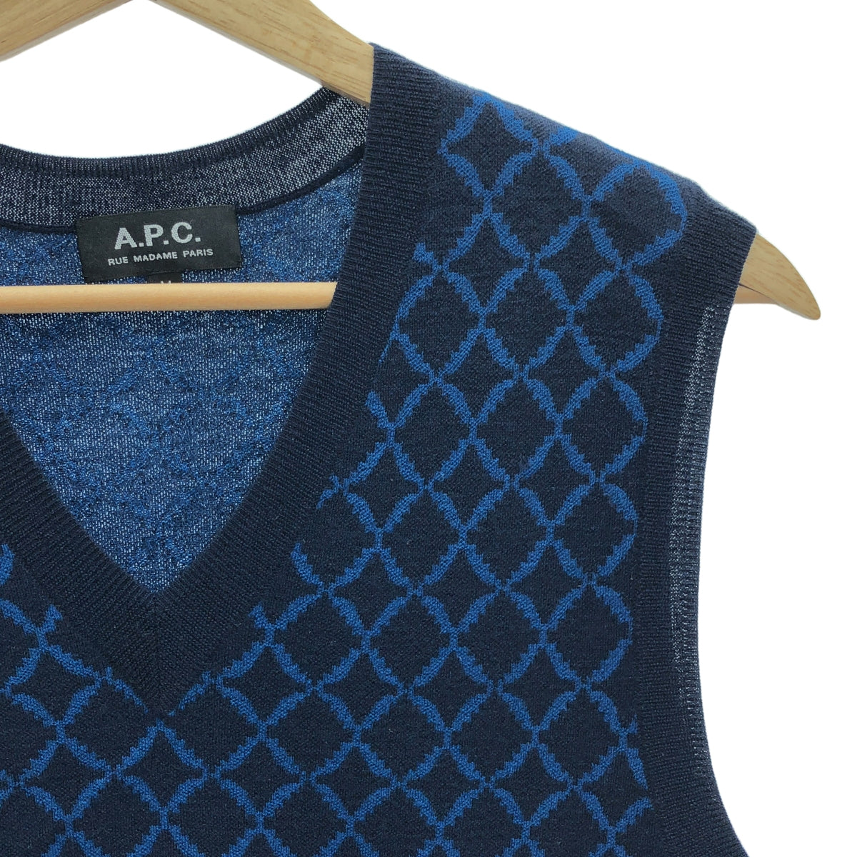 A.P.C. / アーペーセー | ウール 総柄 Vネック ベスト | M | ネイビー/ブルー | レディース