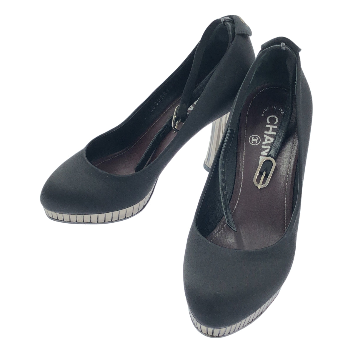 [狀況極佳] 香奈兒 | 踝帶厚底緞面高跟鞋 | 尺寸 36C | 黑色/銀色 | 女款