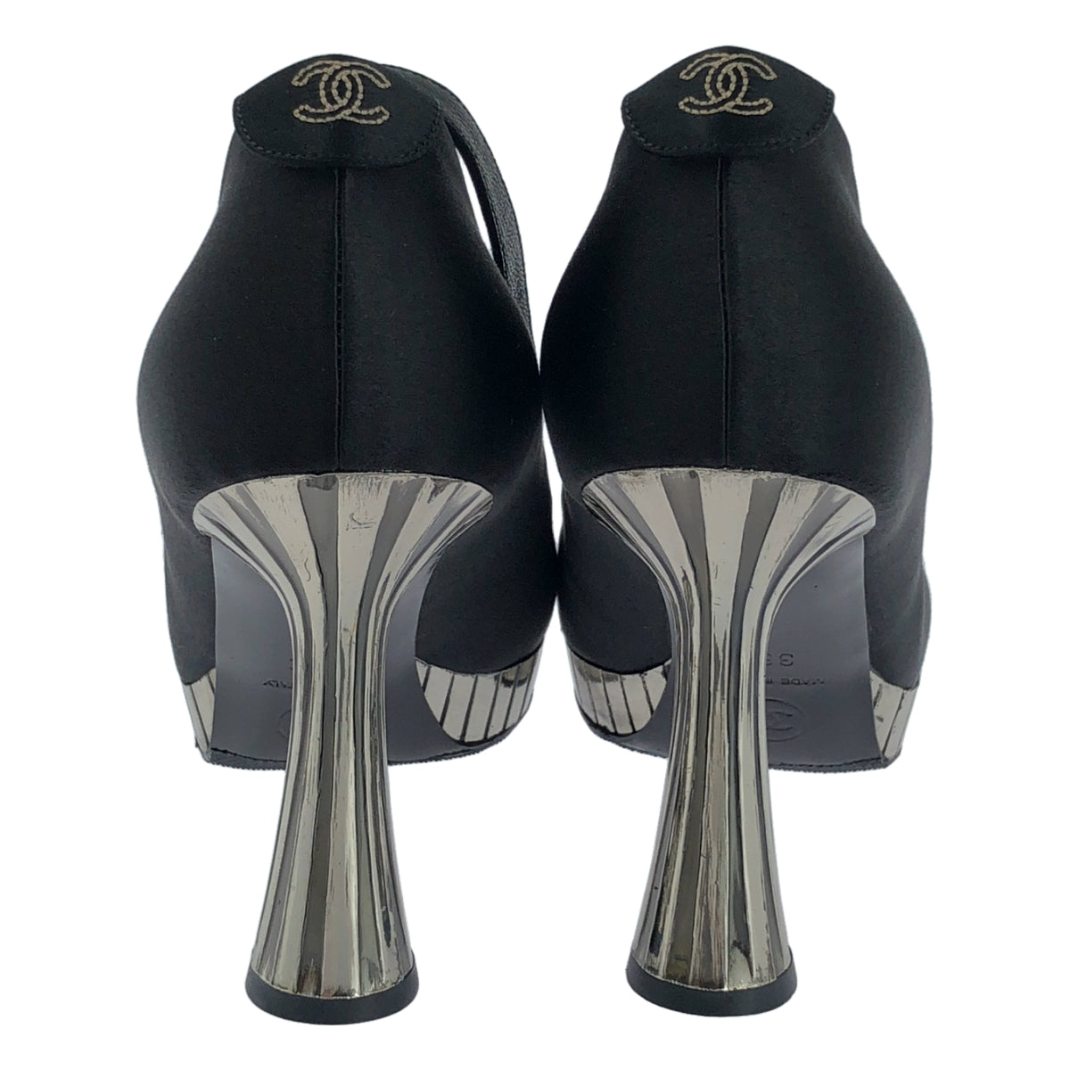 [狀況極佳] 香奈兒 | 踝帶厚底緞面高跟鞋 | 尺寸 36C | 黑色/銀色 | 女款