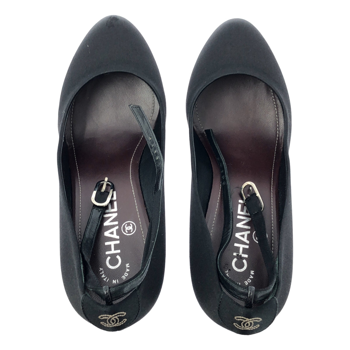 [狀況極佳] 香奈兒 | 踝帶厚底緞面高跟鞋 | 尺寸 36C | 黑色/銀色 | 女款