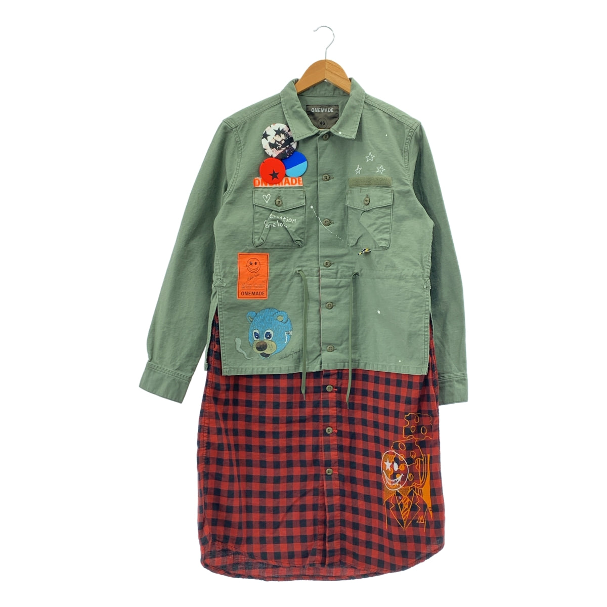 ONE MADE / ワンメイド | Military OP + Check 刺しゅう ワッペン ペイント ピンバッジ チェックドッキング ミリタリーロングシャツ | 46 | メンズ