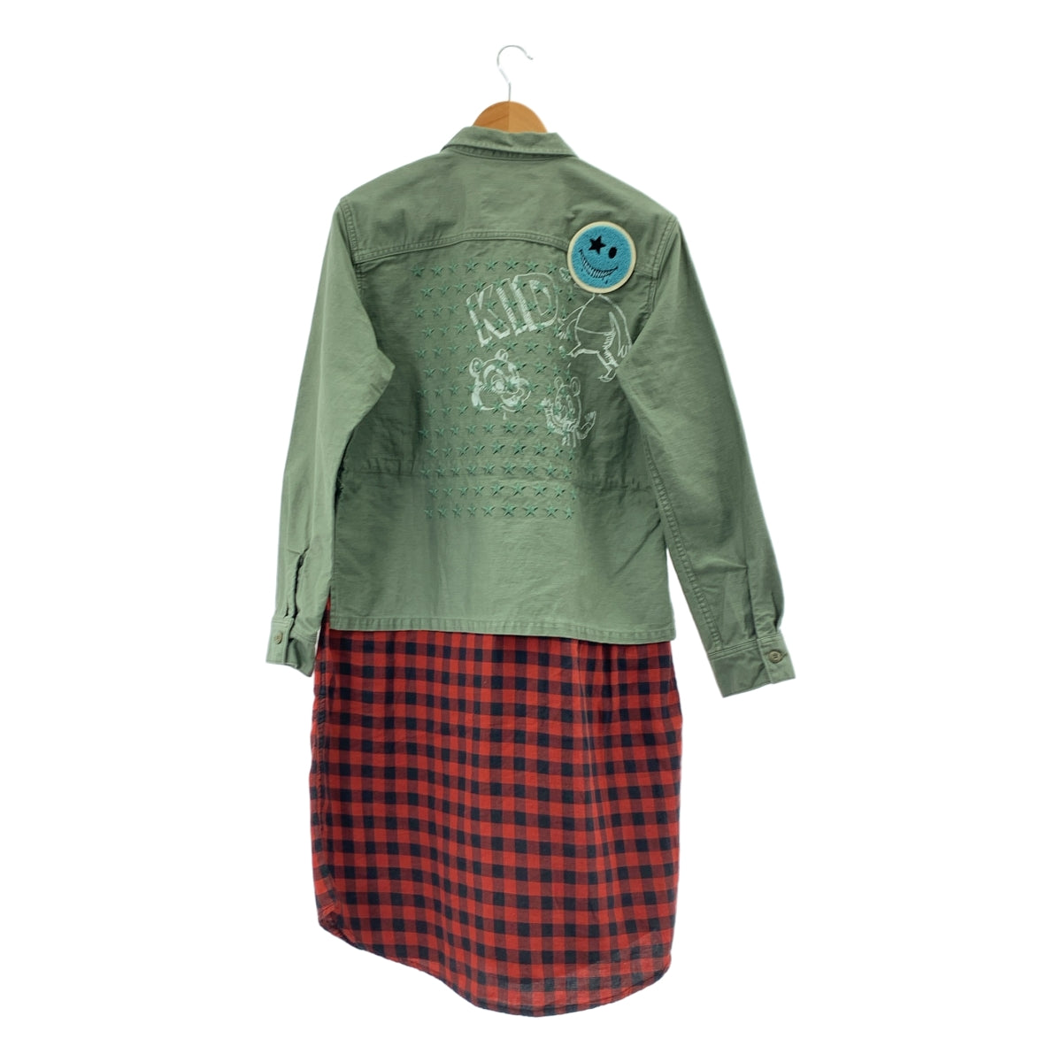 ONE MADE / ワンメイド | Military OP + Check 刺しゅう ワッペン ペイント ピンバッジ チェックドッキング ミリタリーロングシャツ | 46 | メンズ