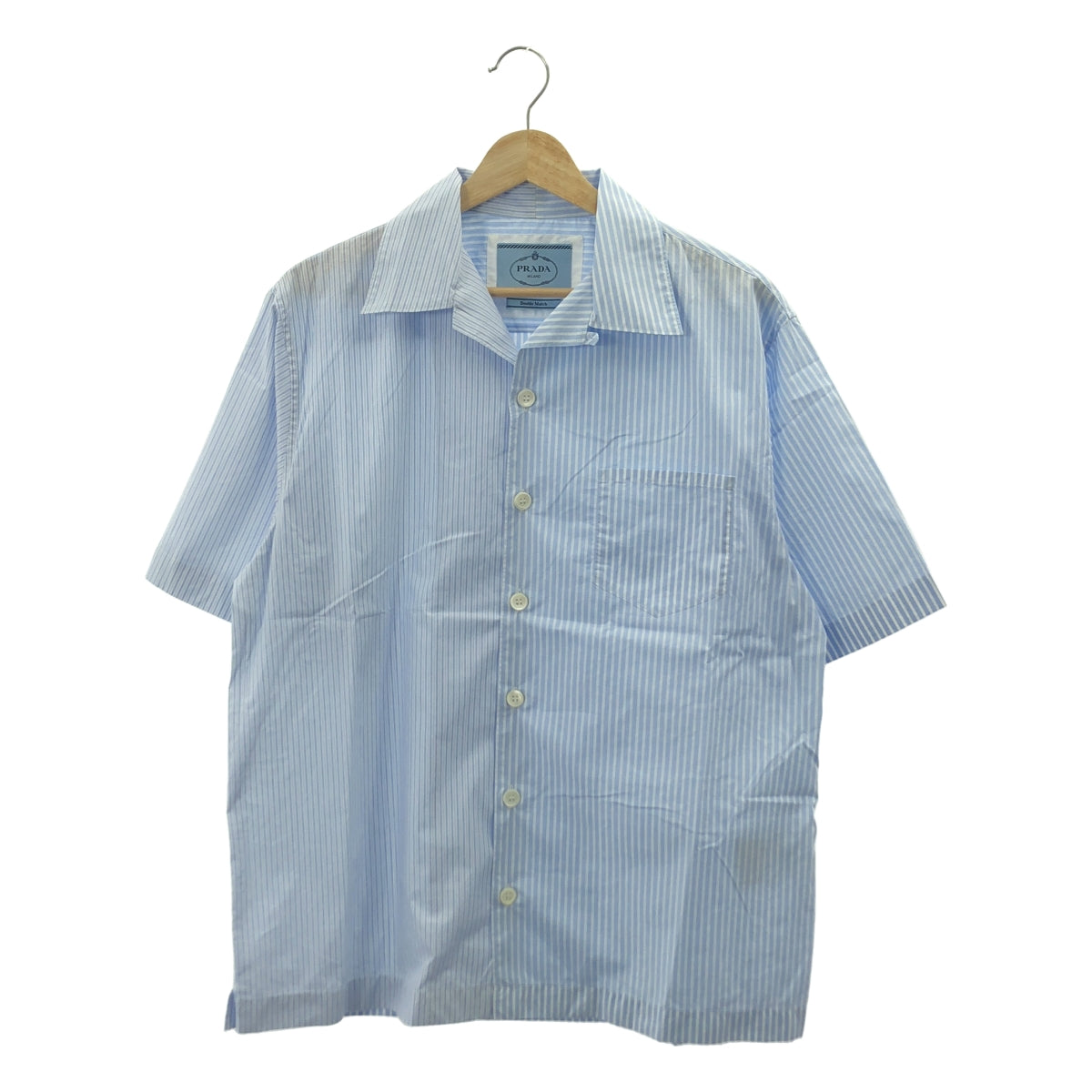 【美品】  PRADA / プラダ | 2025SS | ダブルマッチ ストライプ 切替 オープンカラー 半袖シャツ | S | ブルー | メンズ