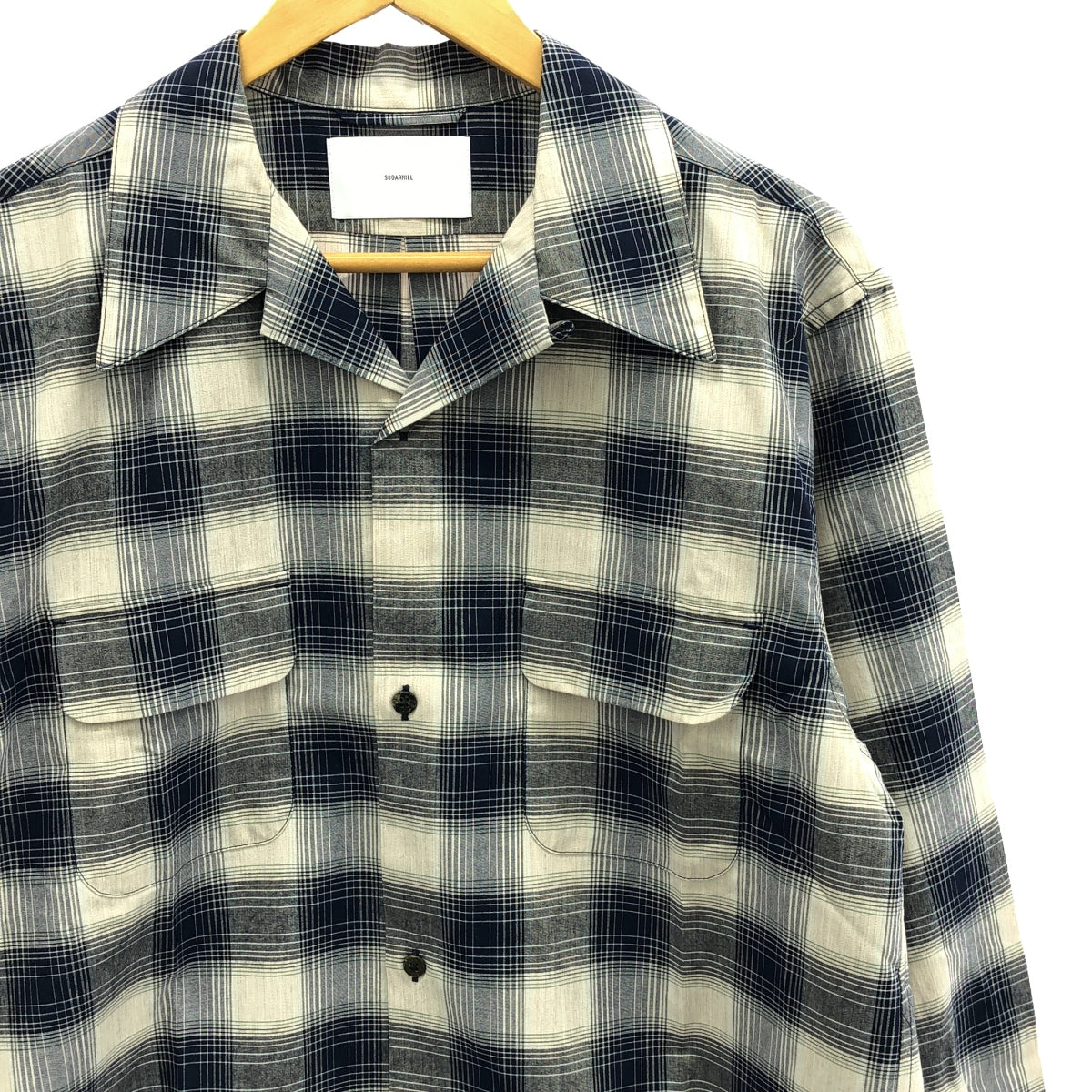 [New] SUGARHILL | YAK OMBRE PLAID OPEN COLLAR BLOUSE | Ombre Check Shirt | 2 | Blue Ombre | Men's