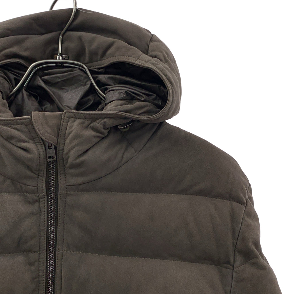 【美品】  HERNO / ヘルノ | 羊革 ロゴジップ ダウンジャケット フーディ / 総裏地 | 46 | ダークブラウン | メンズ