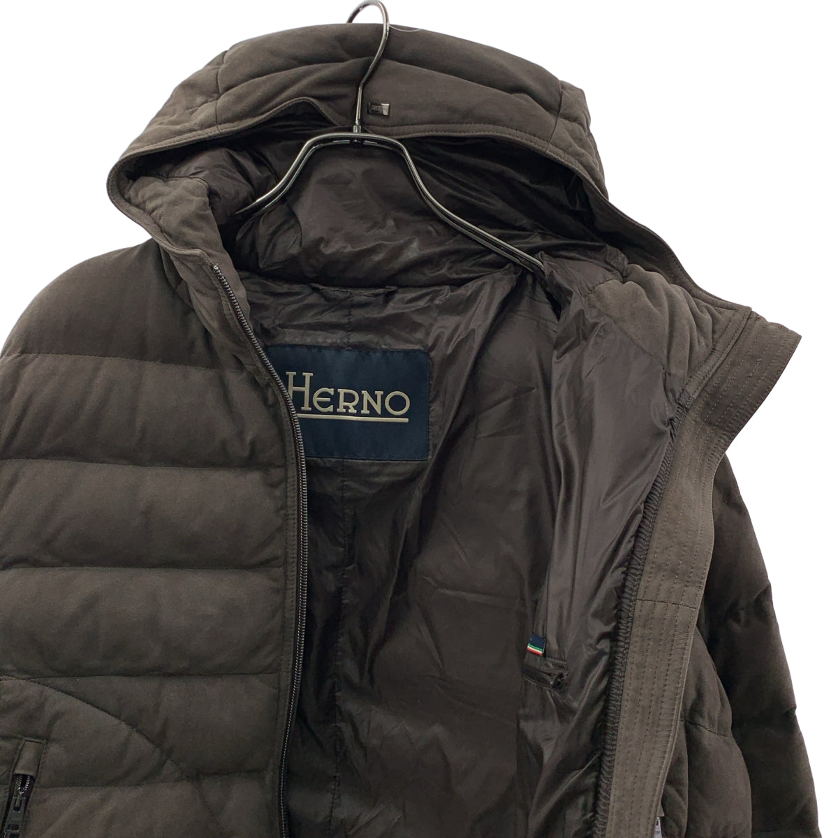【美品】  HERNO / ヘルノ | 羊革 ロゴジップ ダウンジャケット フーディ / 総裏地 | 46 | ダークブラウン | メンズ