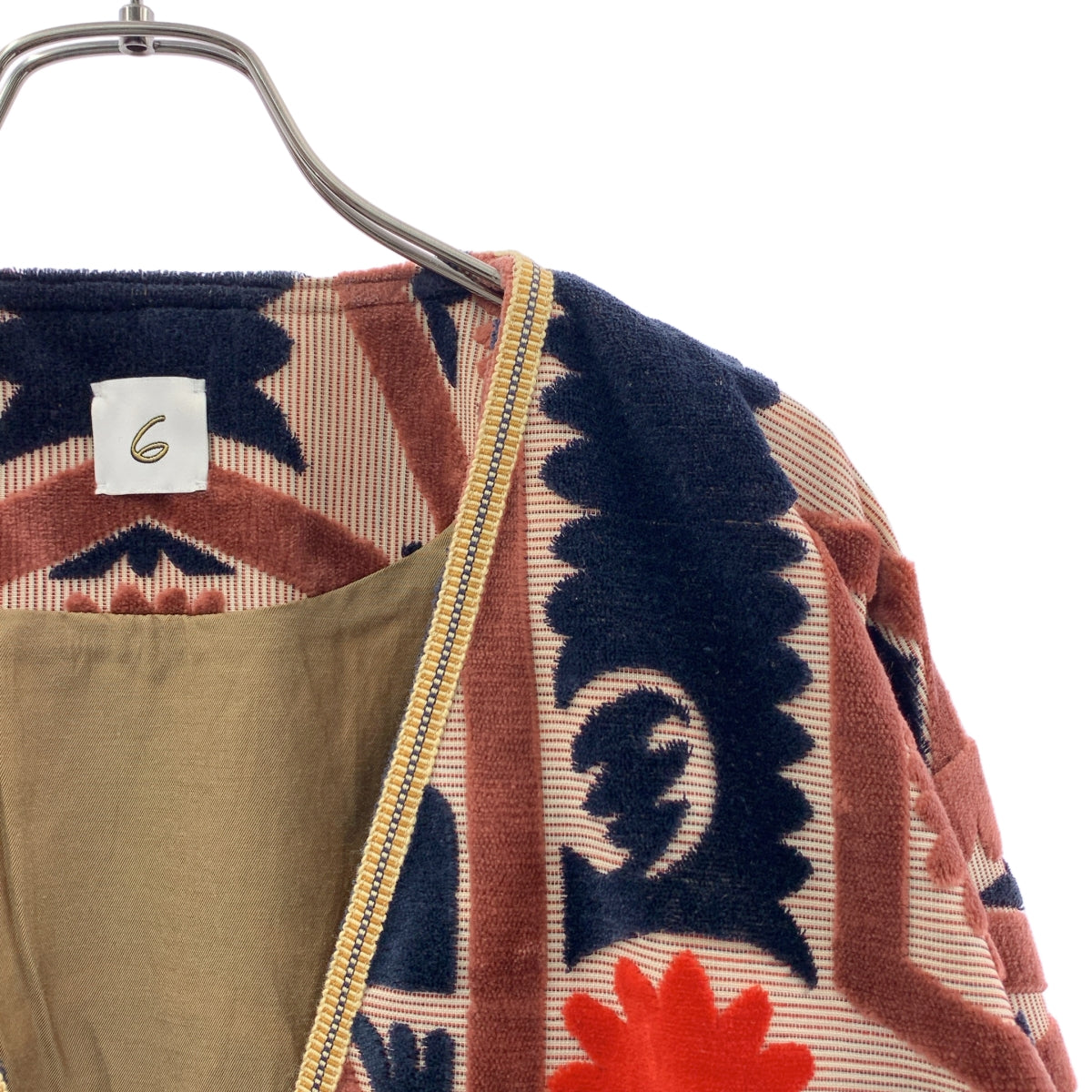 6(ROKU) / 로쿠 | PILE CUT JACQUARD JACKET 노카라 재킷 | 38 | 핑크/네이비 | 여성