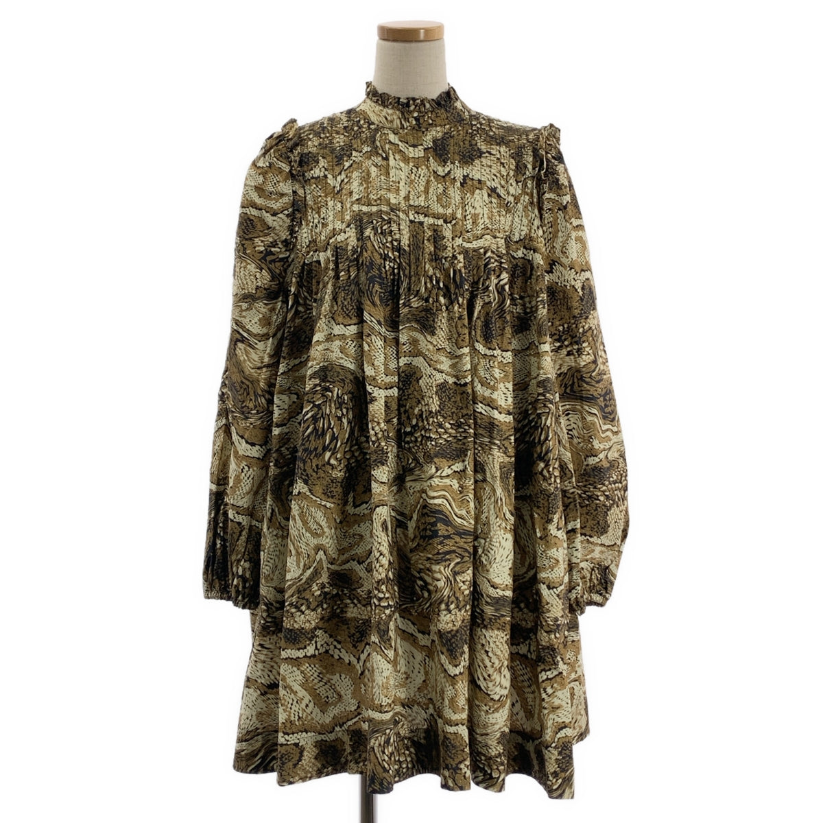 Ganni | 全身印花褶皺洋裝 | 36碼 | 棕色/米色 | 女款