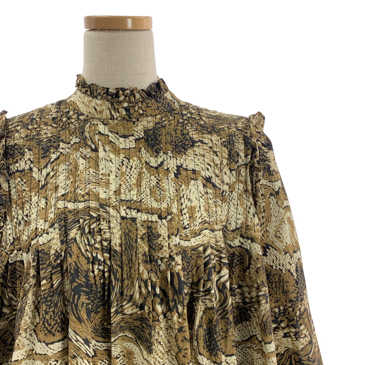 Ganni | 全身印花褶皺洋裝 | 36碼 | 棕色/米色 | 女款