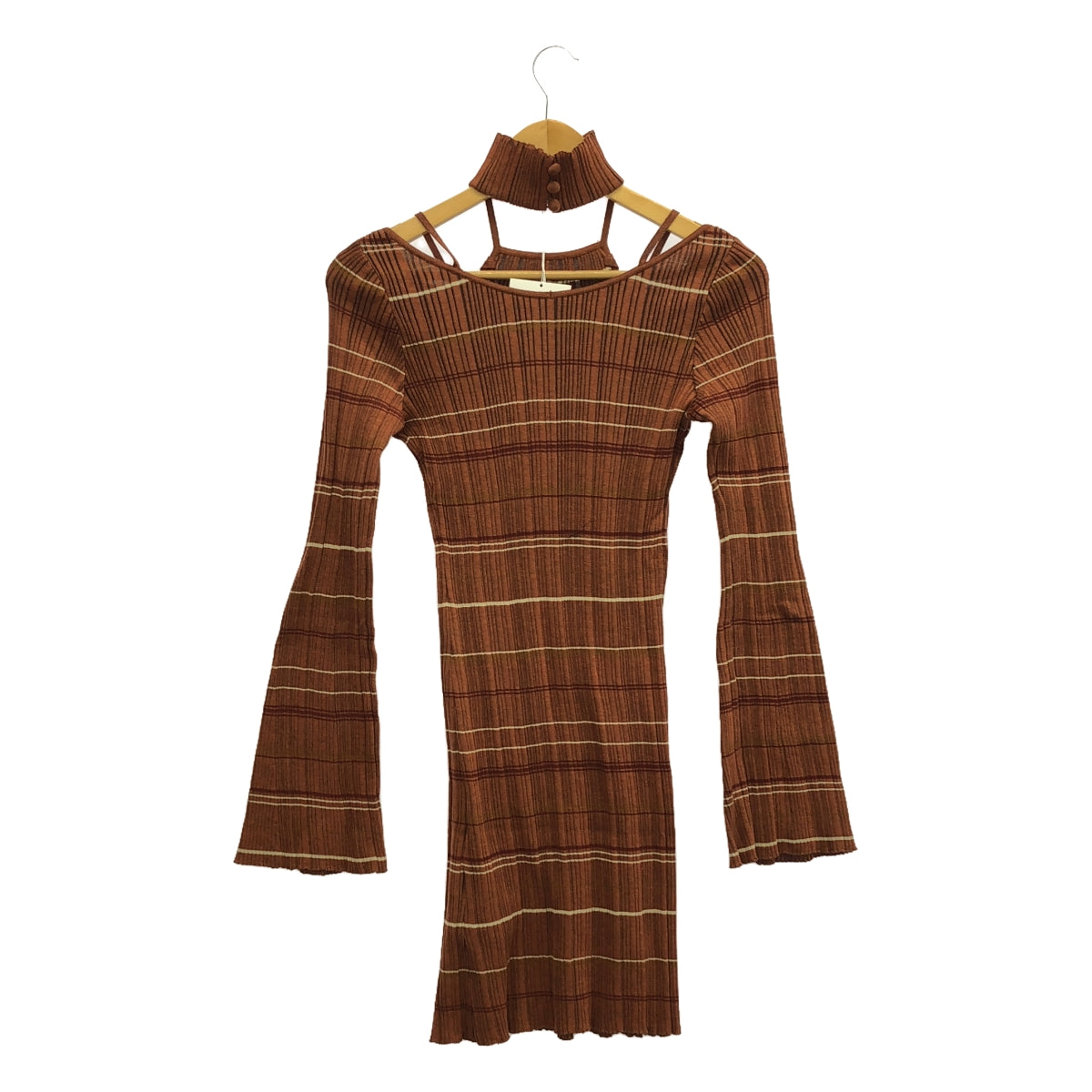 Mame Kurogouchi / 마메쿠로고우치 | Random Ribbed Plaid Knitted Dress With Choker 니트 원피스 | 1 | 브라운 | 여성