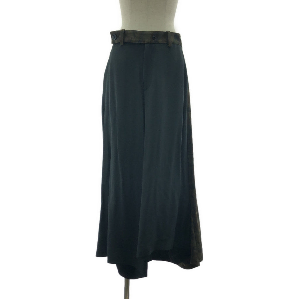 Yohji Yamamoto FEMME / 요우지야마모토팜 | 다른 소재 전환 실크 코튼 비대칭 와이드 팬츠 | 3 | 블랙/카키 | 여성