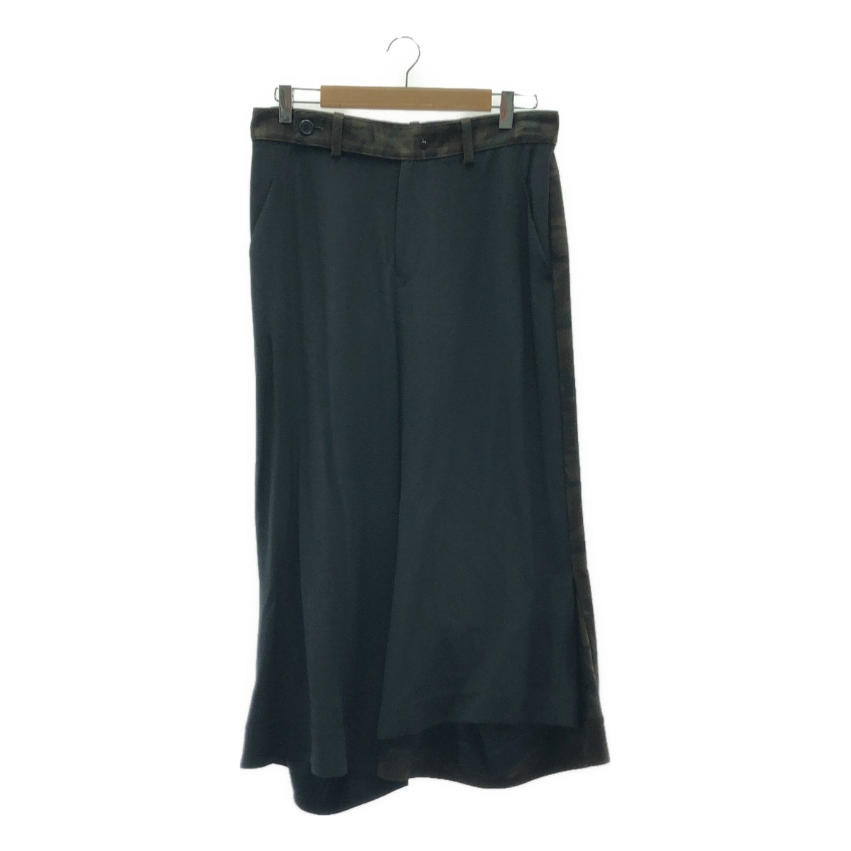 Yohji Yamamoto FEMME / 요우지야마모토팜 | 다른 소재 전환 실크 코튼 비대칭 와이드 팬츠 | 3 | 블랙/카키 | 여성