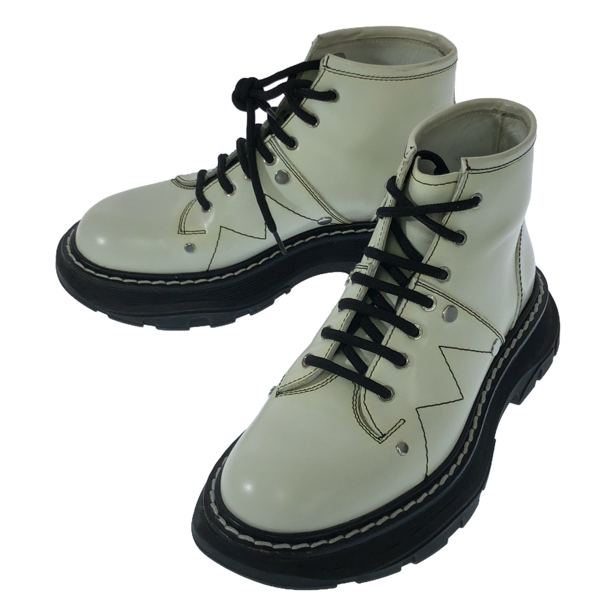 【美品】  ALEXANDER MCQUEEN / アレキサンダーマックイーン | レザー  レースアップ ショートブーツ | 36 | ホワイト/ブラック | レディース