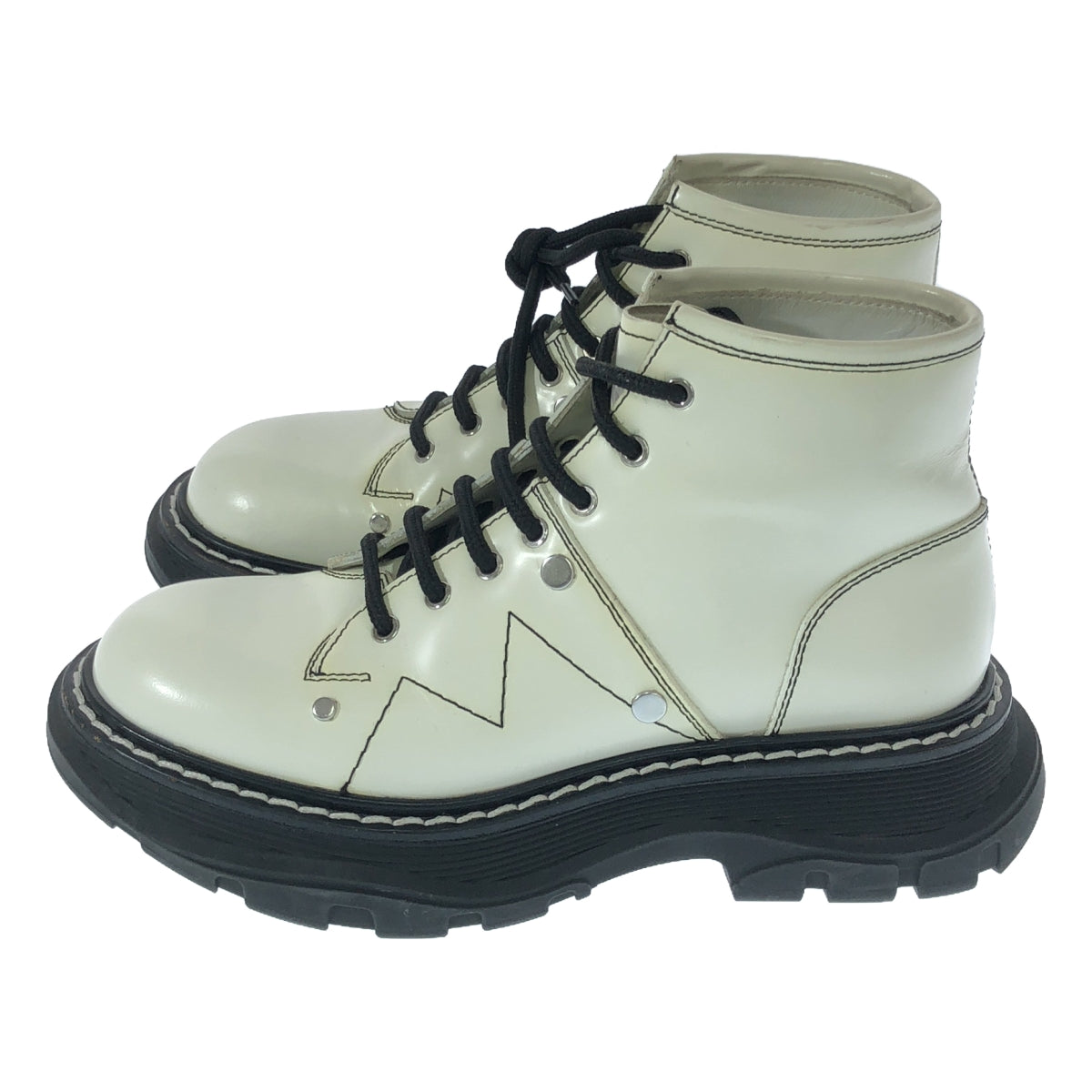 【美品】  ALEXANDER MCQUEEN / アレキサンダーマックイーン | レザー  レースアップ ショートブーツ | 36 | ホワイト/ブラック | レディース