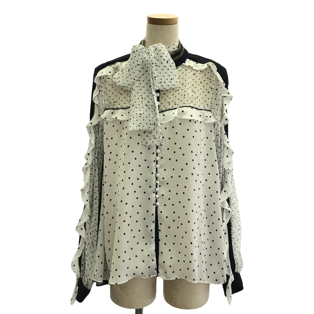 薩卡伊 |波爾卡圓點褶皺蕾絲襯衫 | 1 |白色/黑色/卡其色|女性的