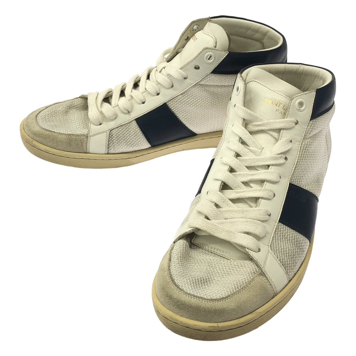 SAINT LAURENT PARIS / サンローランパリ | レザー メッシュ ハイカット スニーカー | 41 | ホワイト/ネイビー | メンズ