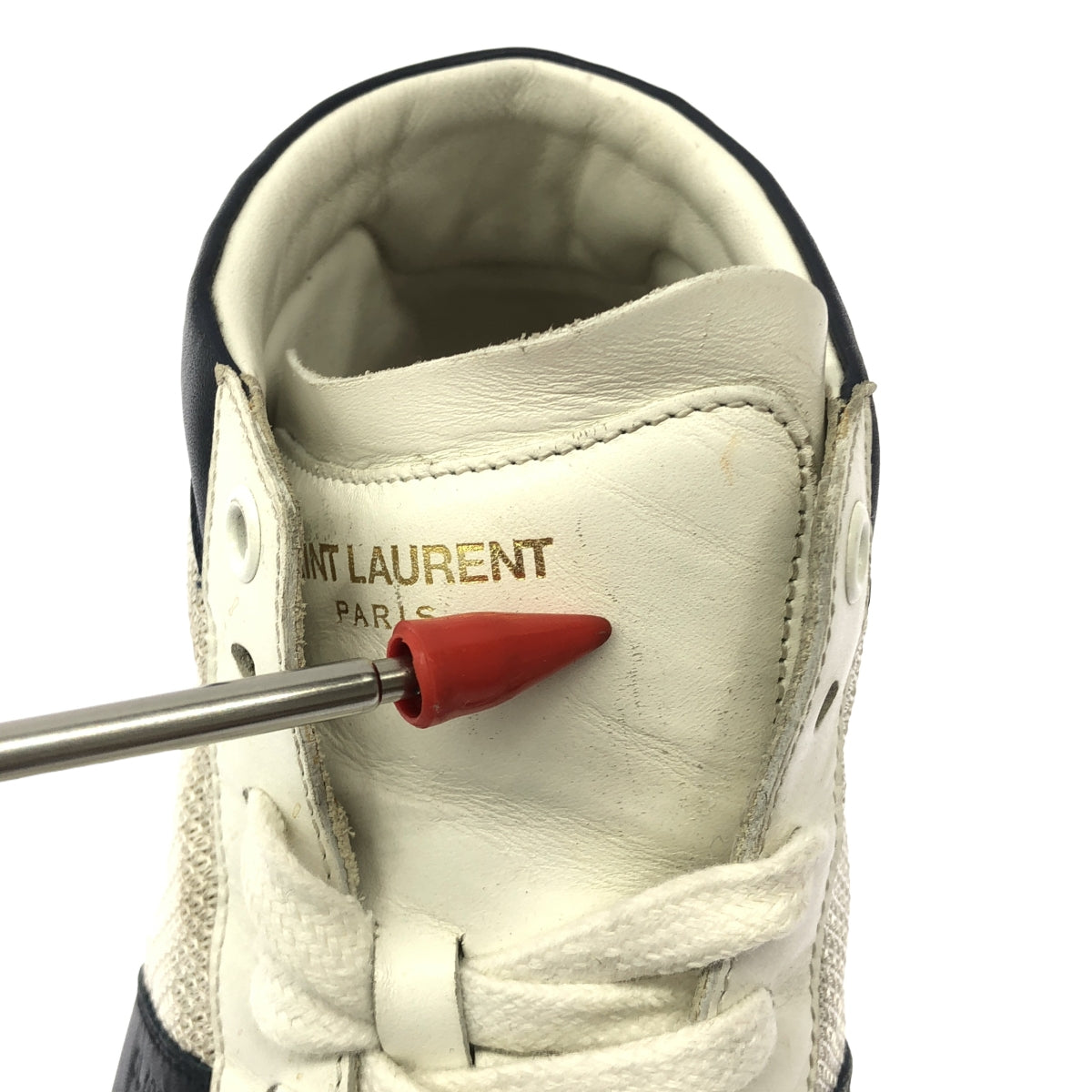 SAINT LAURENT PARIS / サンローランパリ | レザー メッシュ ハイカット スニーカー | 41 | ホワイト/ネイビー | メンズ