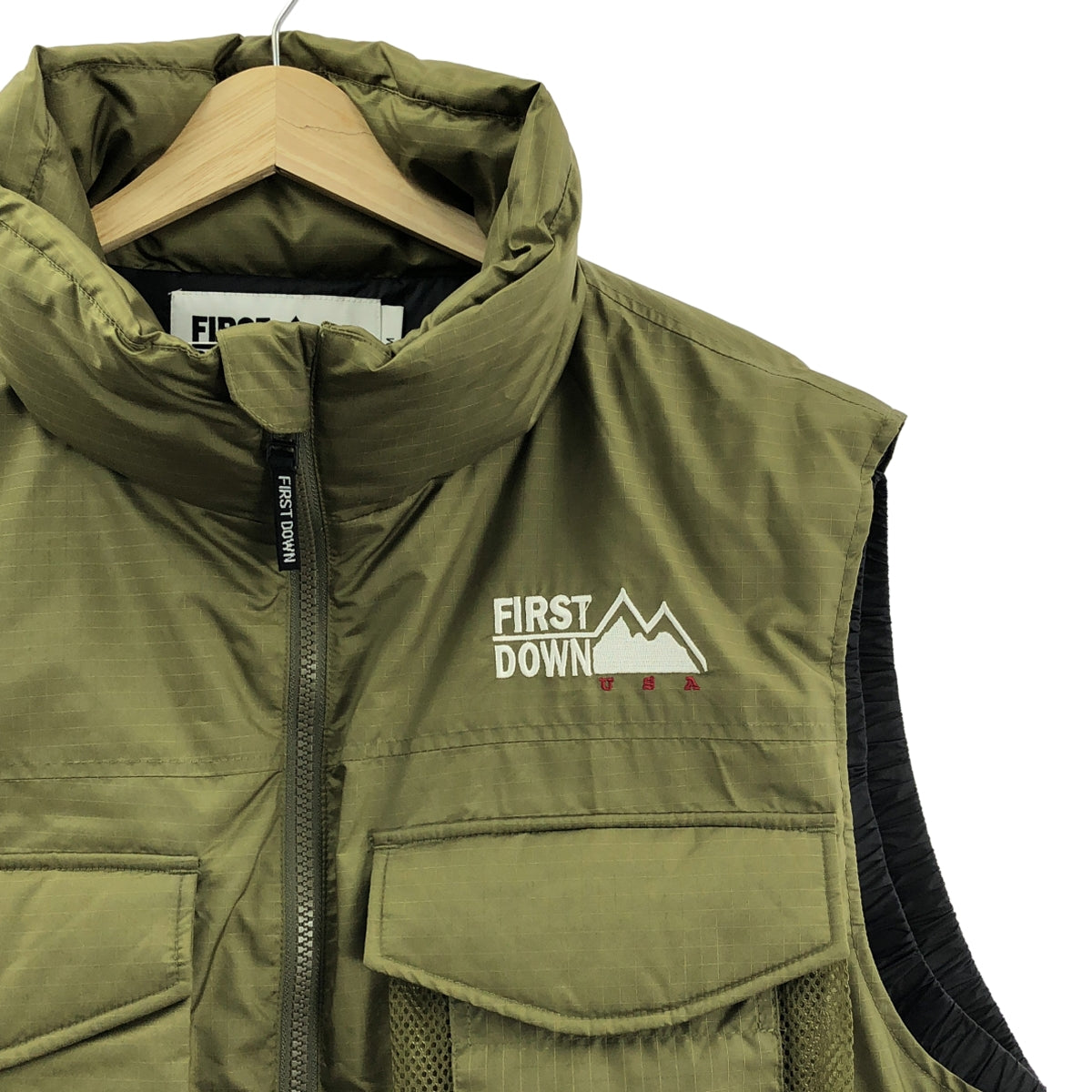 【新品】  FIRST DOWN / ファーストダウン | MULTI POCKET DOWN VEST DICROS MAURI RIP マルチポケット リップストップ ダウンベスト | M | オリーブ | メンズ