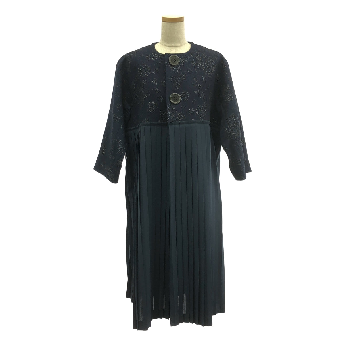 [狀況良好] tricot COMME des GARCONS | 2018SS | 提花褶襉對接無領大衣 | M | 海軍藍 | 女款