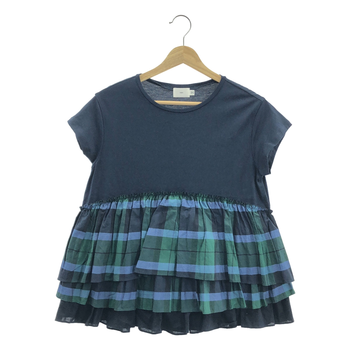 yori / ヨリ | チェック切替 フリル  カットソー Tシャツ | F | ネイビー | レディース
