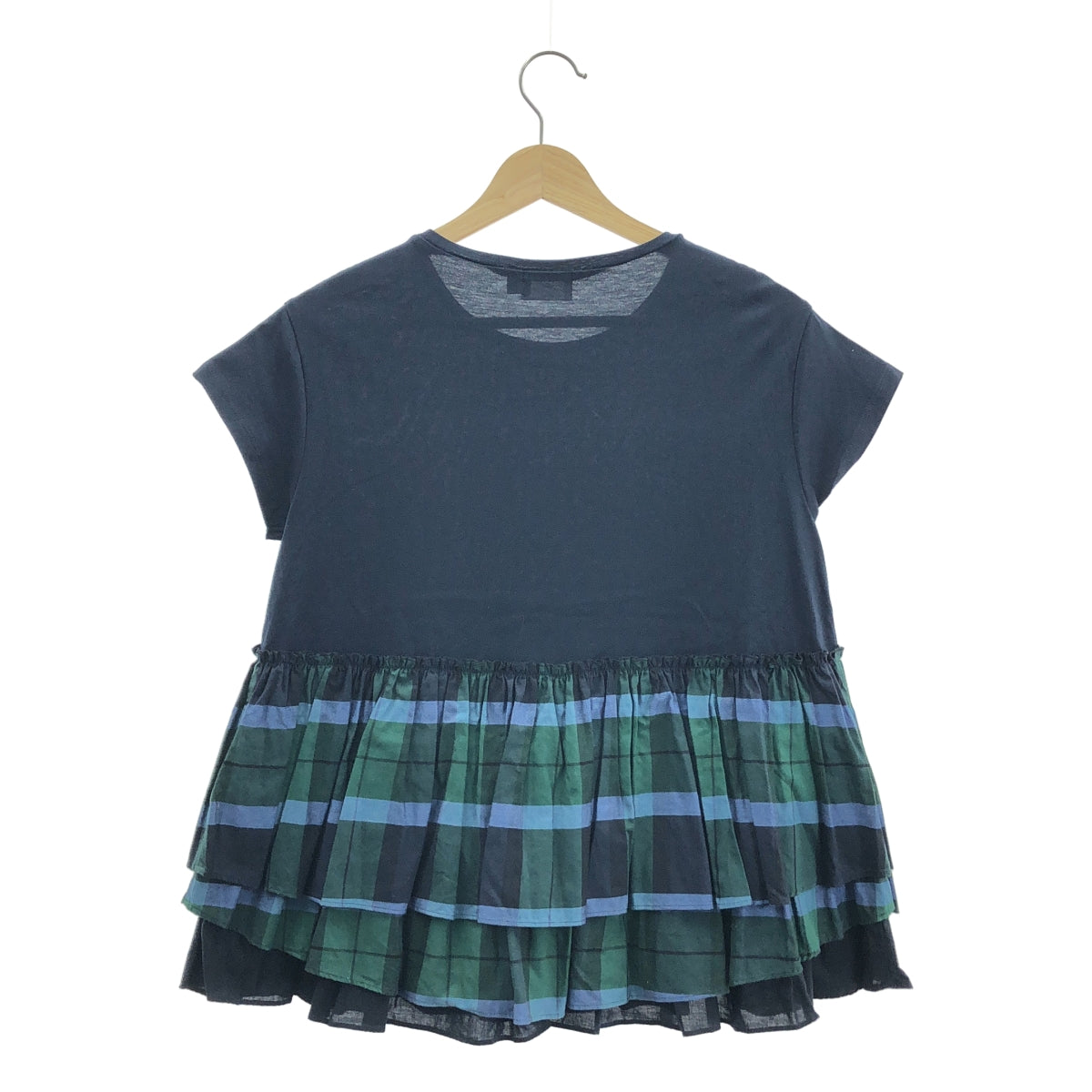 yori / ヨリ | チェック切替 フリル  カットソー Tシャツ | F | ネイビー | レディース