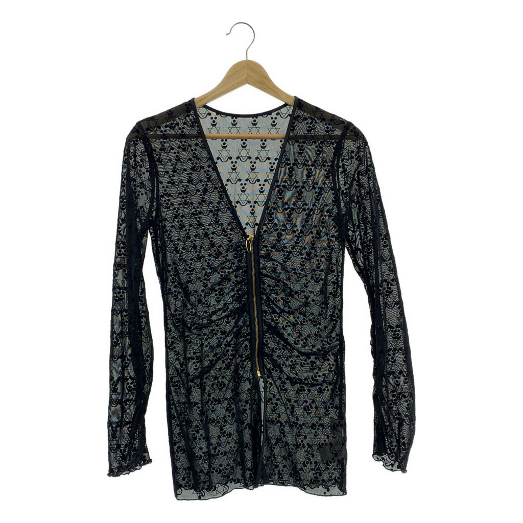 THINGS THAT MATTER / シングスザットマター | MONOGRAM FLOCKY PRINT TULLE CARDIGAN シアー ジップ ギャザー カーディガン | F | ブラック | レディース