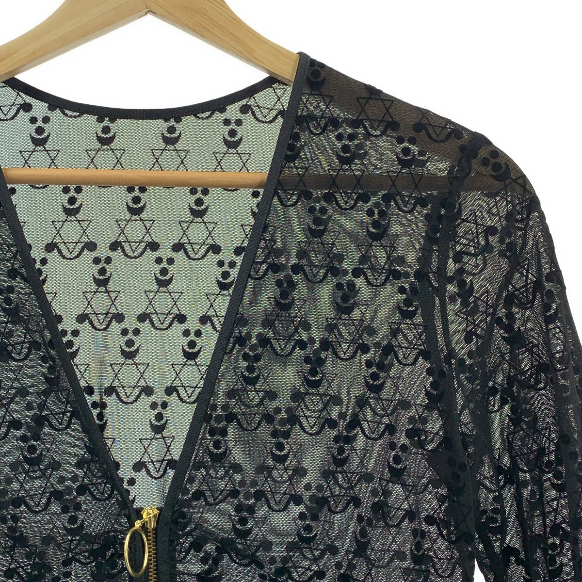 THINGS THAT MATTER / シングスザットマター | MONOGRAM FLOCKY PRINT TULLE CARDIGAN シアー ジップ ギャザー カーディガン | F | ブラック | レディース