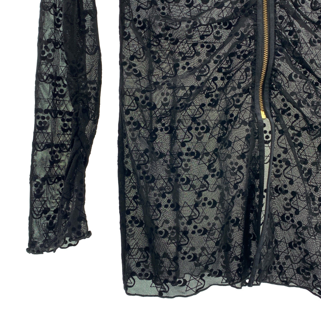 THINGS THAT MATTER / シングスザットマター | MONOGRAM FLOCKY PRINT TULLE CARDIGAN シアー ジップ ギャザー カーディガン | F | ブラック | レディース