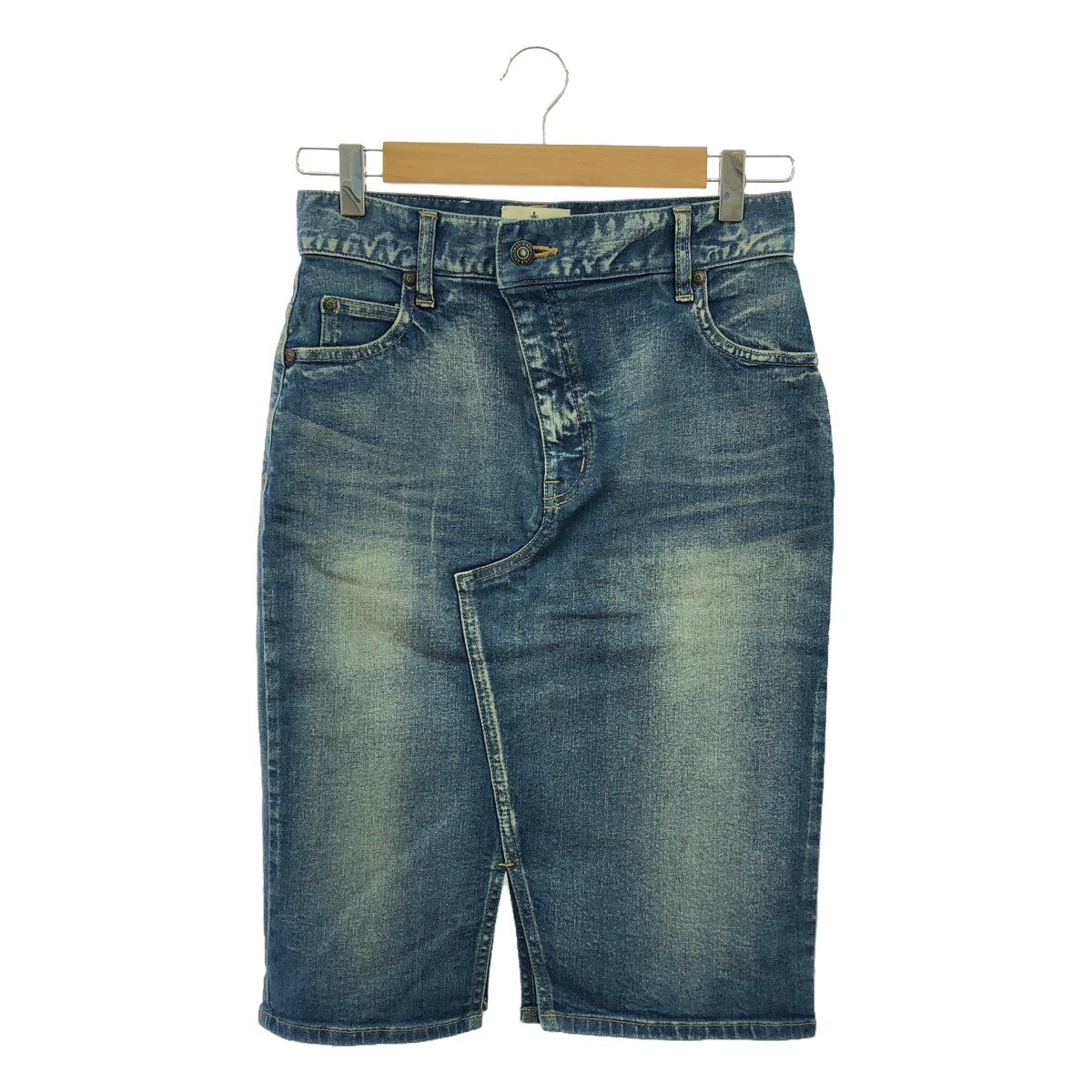 【美品】  Vivienne Westwood / ヴィヴィアンウエストウッド | ヴィンテージ加工 レザーパッチ オーブ デニムスカート | 38 | インディゴ | レディース