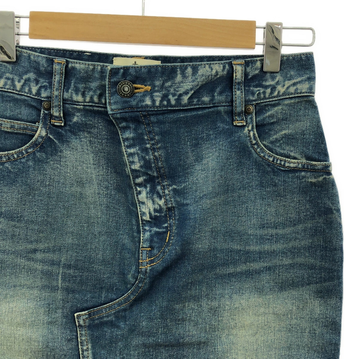 【美品】  Vivienne Westwood / ヴィヴィアンウエストウッド | ヴィンテージ加工 レザーパッチ オーブ デニムスカート | 38 | インディゴ | レディース