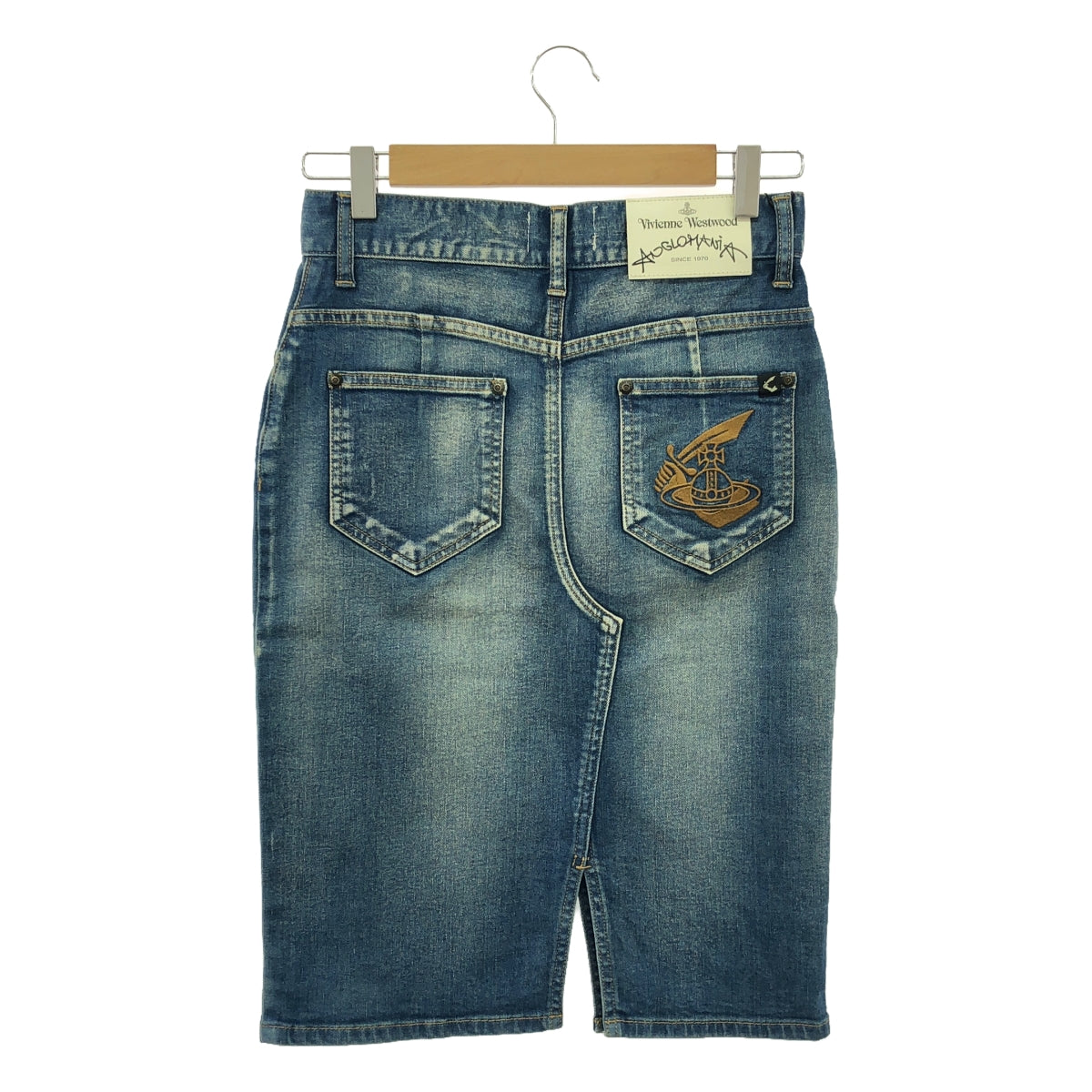 【美品】  Vivienne Westwood / ヴィヴィアンウエストウッド | ヴィンテージ加工 レザーパッチ オーブ デニムスカート | 38 | インディゴ | レディース