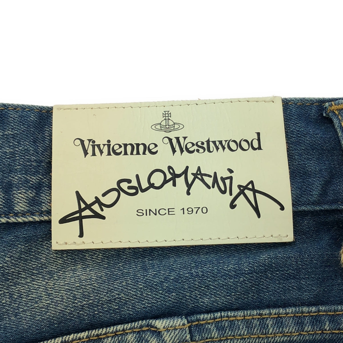 【美品】  Vivienne Westwood / ヴィヴィアンウエストウッド | ヴィンテージ加工 レザーパッチ オーブ デニムスカート | 38 | インディゴ | レディース