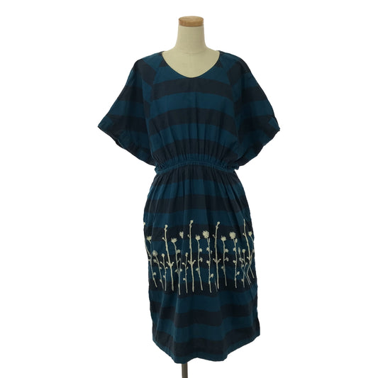 mina perhonen | 1997-98 a/w | laundry noppara embroidered striped dress | 36 | blue/navy/white | women's