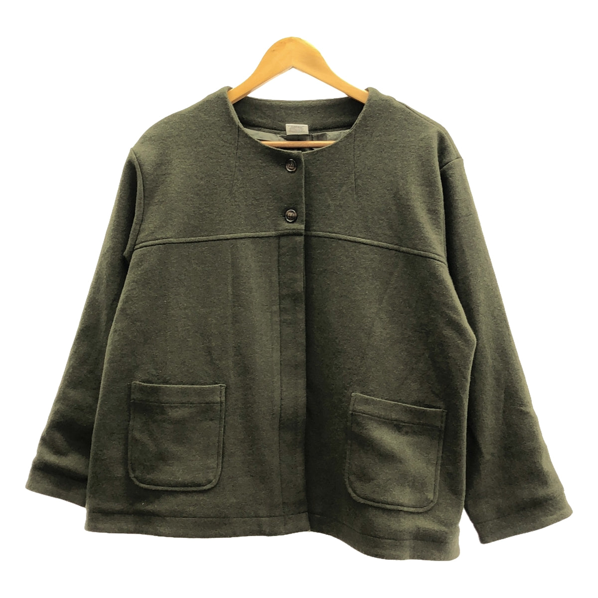 【美品】  co;ill nine  / コイルナイン | ウール ノーカラー ジャケット / 総裏地 | F | オリーブ | レディース