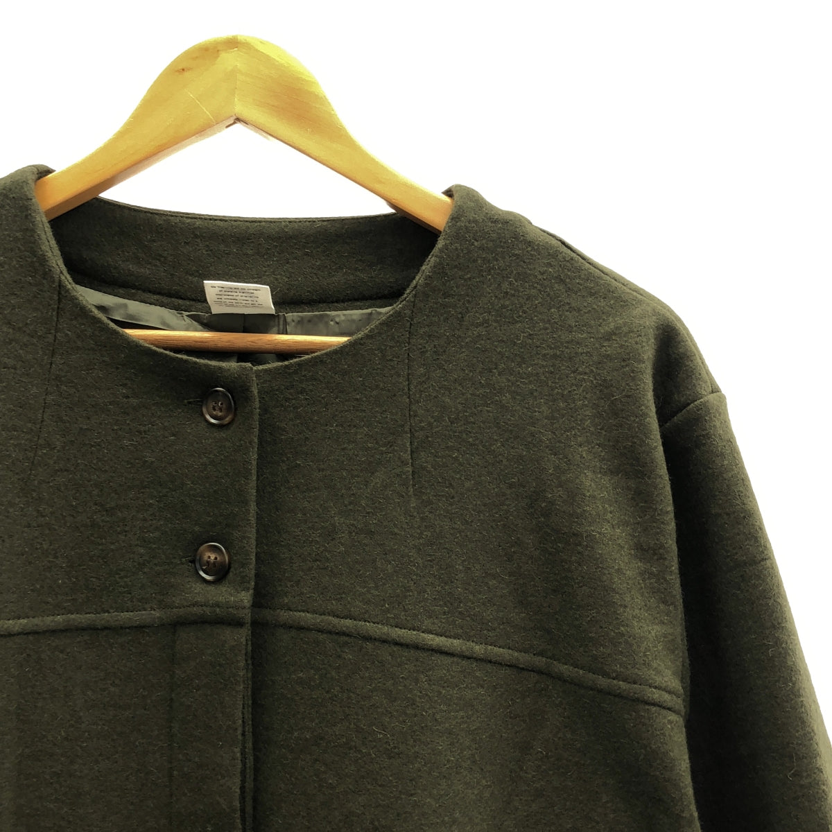 【美品】  co;ill nine  / コイルナイン | ウール ノーカラー ジャケット / 総裏地 | F | オリーブ | レディース