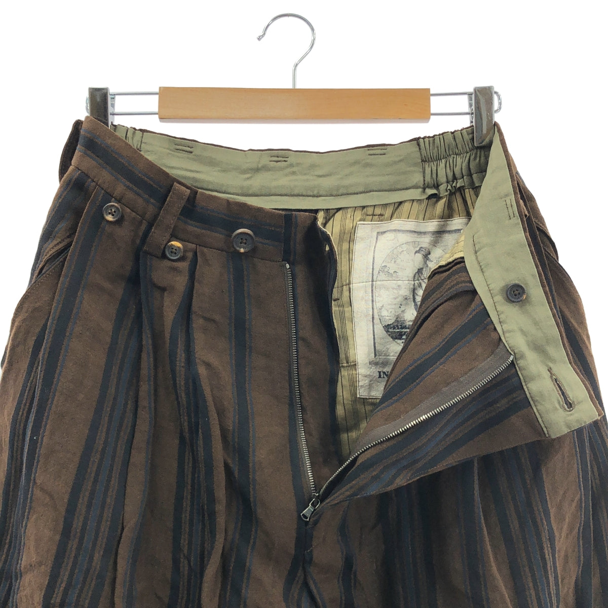 [미품] ziggy chen / 지기첸 | 2024SS | STRIPED WIDE LEG TROUSERS 스트라이프 와이드 린넨 코튼 팬츠 | 44 | 브라운 | 남성