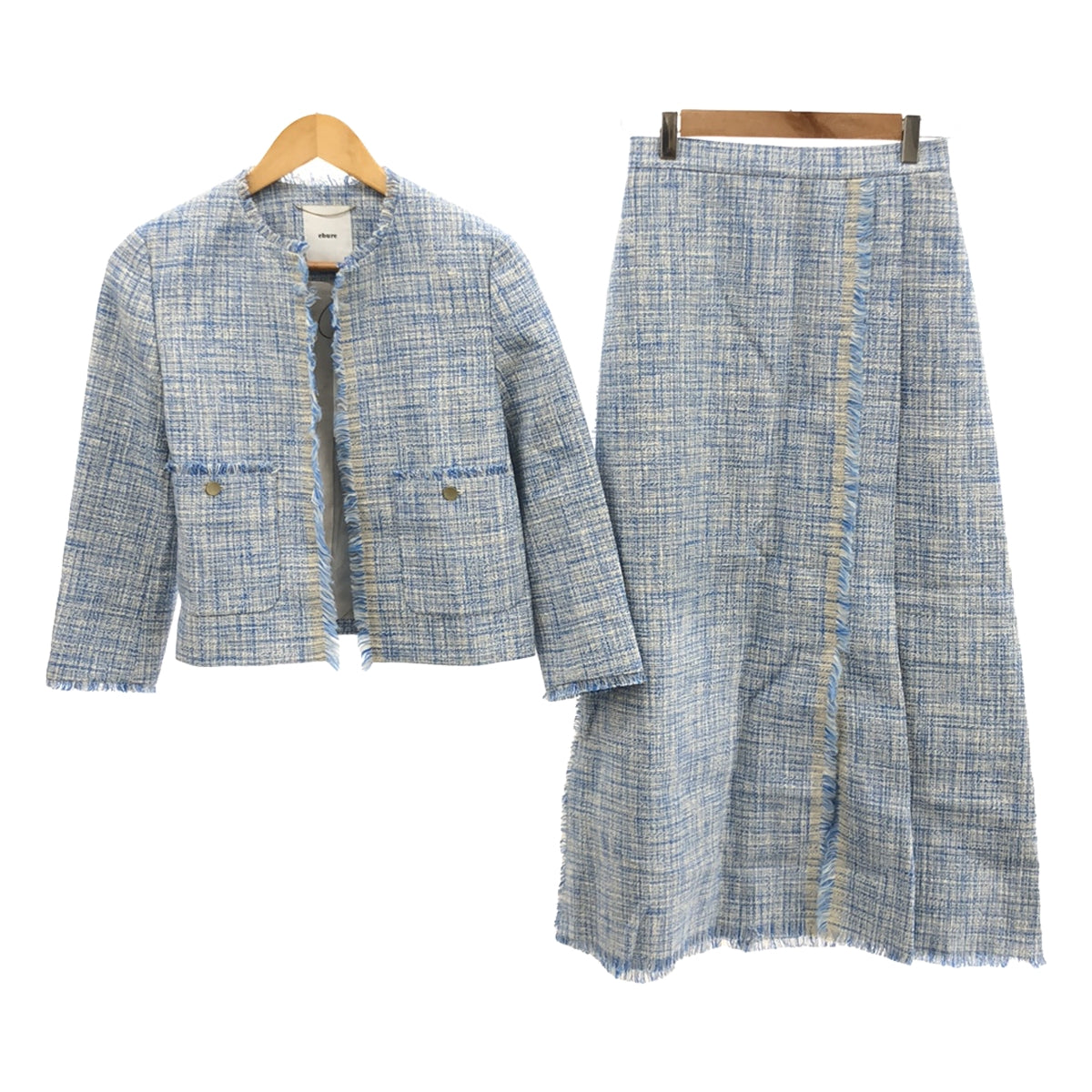 [新] ebure | 2024SS |彩色粗花呢無領短夾克和裹身式長裙套裝 | 36 |藍色 |女性的