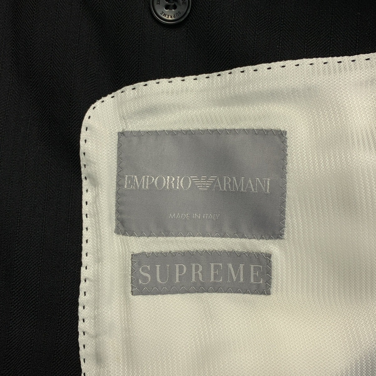 EMPORIO ARMANI / 엠포리오 아르마니 | 셋업 슈트 / SUPREME LINE 울 실크 헤링본 1B 테일러드 재킷 / 슬랙스 팬츠 | 48 | 맨즈