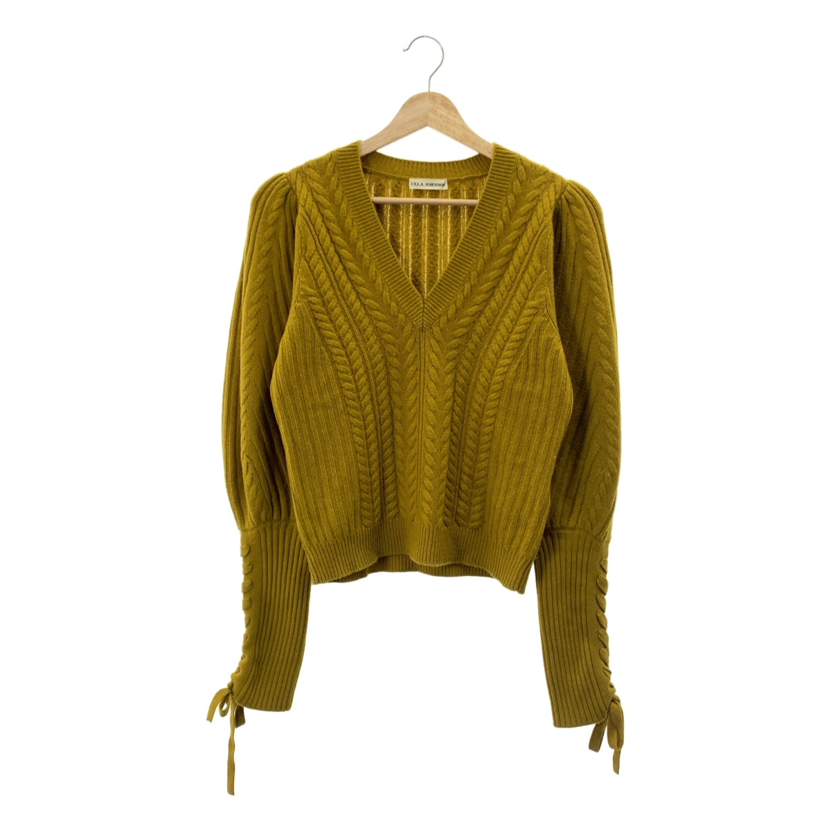 ULLA JOHNSON | 繫帶袖 V 領羊毛麻花針織衫 | S 碼 | 芥末黃 | 女款