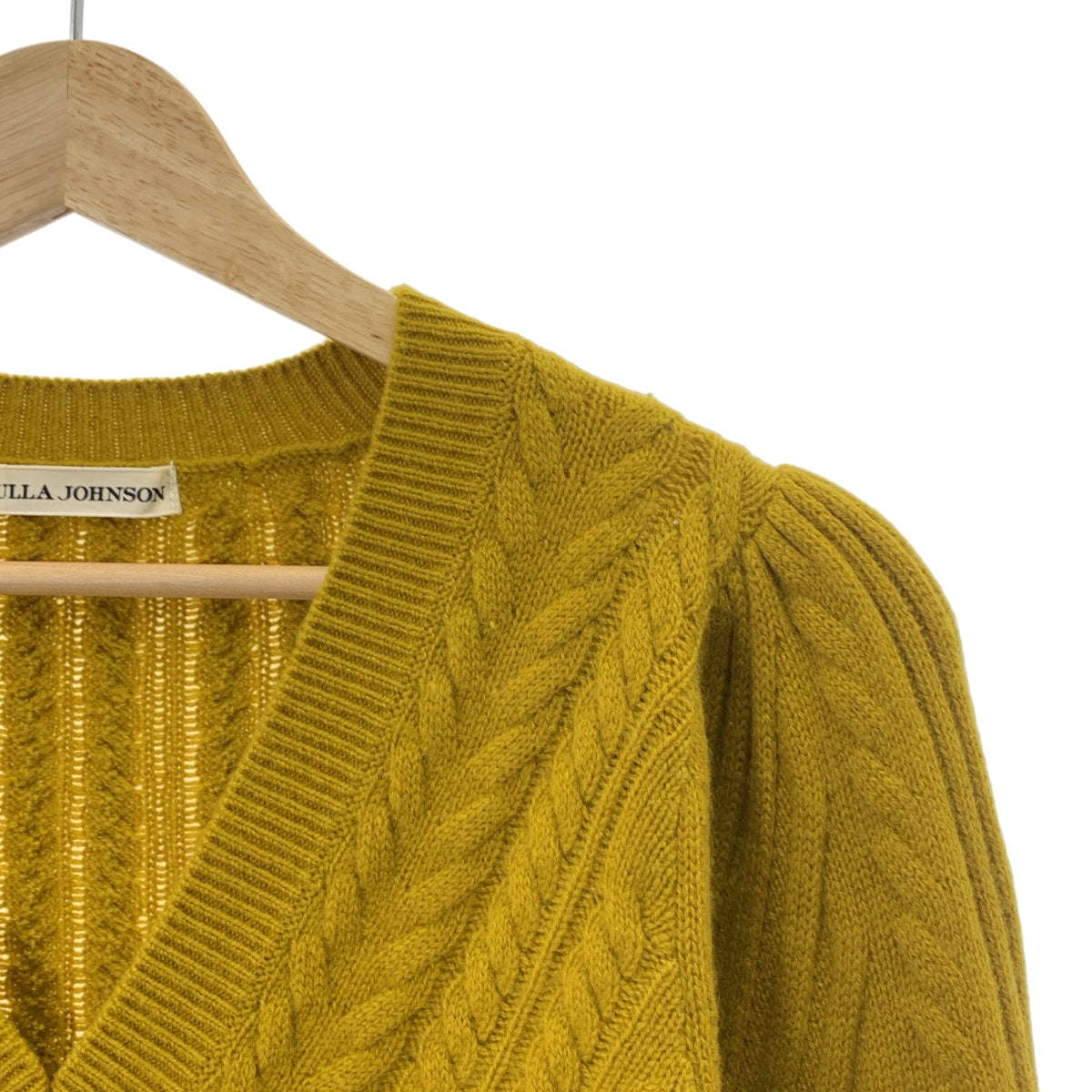 ULLA JOHNSON | 繫帶袖 V 領羊毛麻花針織衫 | S 碼 | 芥末黃 | 女款