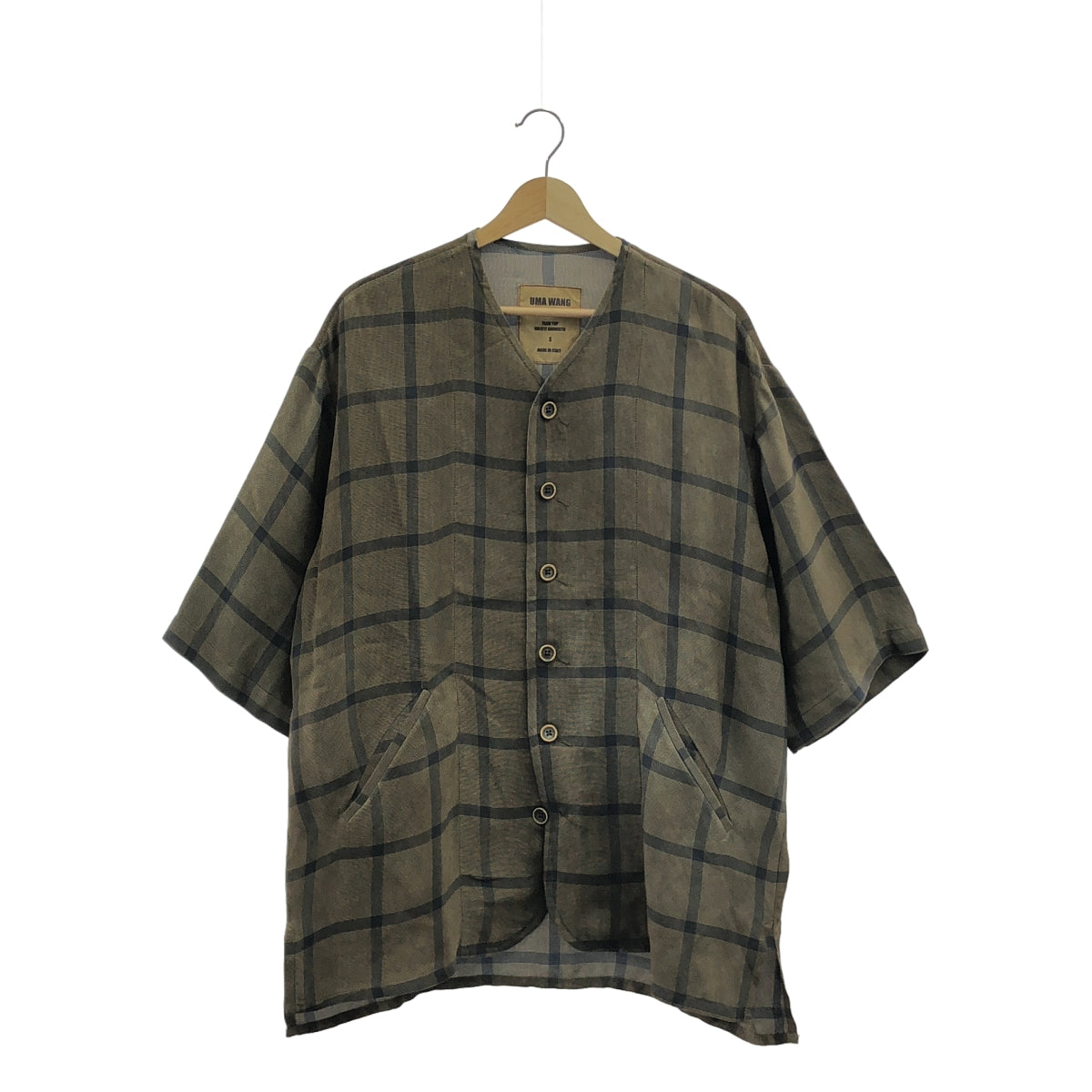 [近全新] UMA WANG | 2025SS | TEAM TOP 格倫格子膠無領襯衫 | S碼 | 棕色 | 男款
