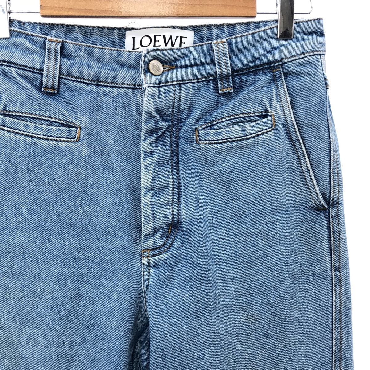 LOEWE | Leather patch roll-up fisherman denim pants | 34 | Indigo | Women's