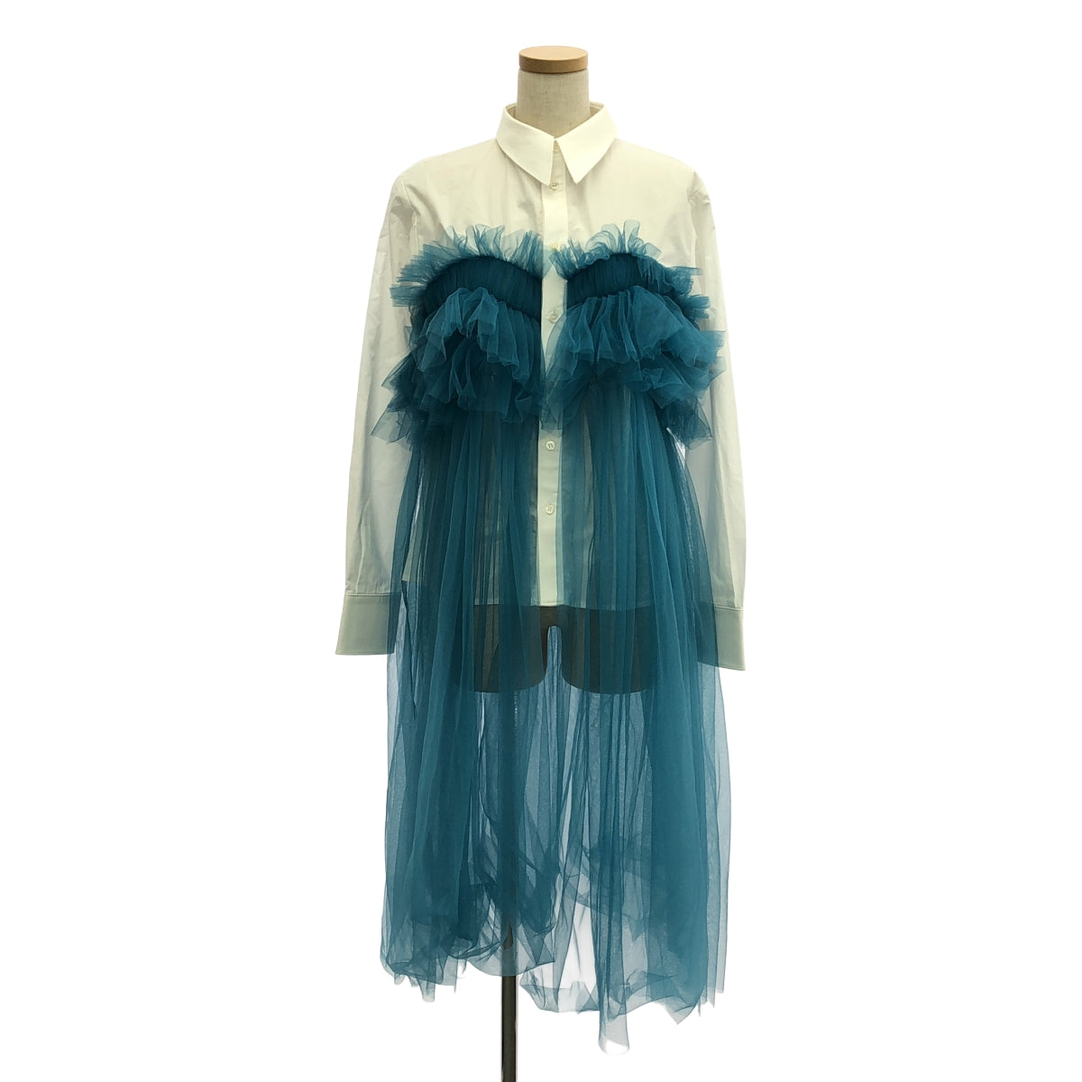 [狀況良好] VIVIANO | 2023AW | 對接襯衫薄紗寬鬆連身裙連身裙 | M | 白色/綠色 | 女款